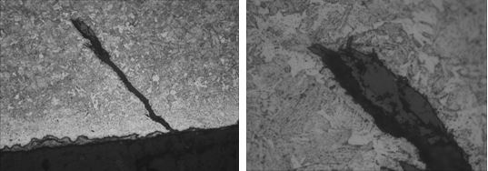 圖16-12 裂紋形態(tài) 100&times; 圖16-13 裂紋尖端 400&times;